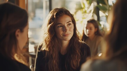 Young Woman Listening Attentively in Cafe Setting