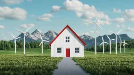 A serene landscape featuring a modern house surrounded by wind turbines and mountains, highlighting renewable energy and sustainable living.
