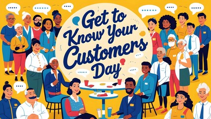 A vibrant and modern geometric design celebrating Get to Know Your Customers Day, incorporating bold shapes and playful patterns in shades of bright blue, sunshine yellow, and crisp white. 