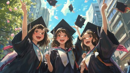 Obraz premium Cheerful female friends in graduation background