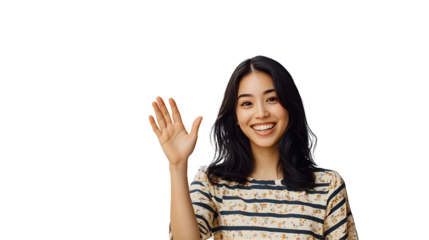 Lifestyle, people emotions and casual concept. Friendly cheerful asian woman smiling, saying hi and waving hand to greet person, make hello gesture, welcome someone