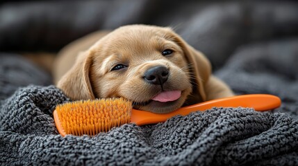 Product photography, commercial poster of puppy biting a brush p