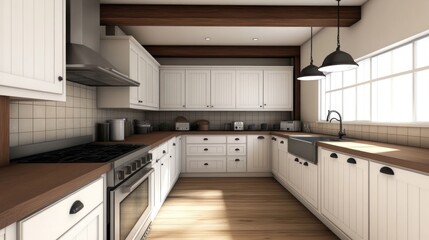 Modern kitchen with white cabinetry and wooden accents.