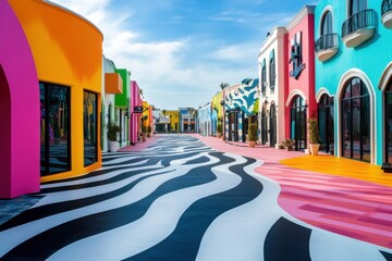 a street with zebra-colored roads and zebra-colored buildings around it