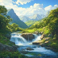 Fototapeta premium Serene waterfall cascading down rocky terrain amidst lush greenery and majestic mountains under a vibrant sky.