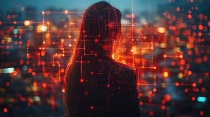 Woman silhouetted against city lights, overlaid with network data.