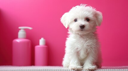 Puppy with fluffy fur, sitting on a grooming mat