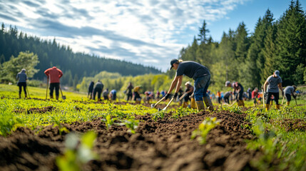 Fototapeta premium Volunteers participating in a community tree planting event, using shovels to plant saplings in a green field surrounded by nature