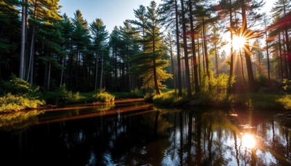 Forest stream sunrise reflections tranquil