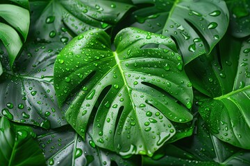 Obraz premium Tropical wet bright green leaves background with water droplets, fern, palm and Monstera Deliciosa leaf with bright toning, floral jungle pattern concept background, close up