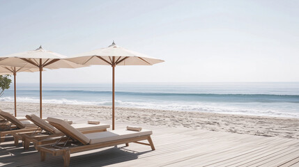 Obraz premium Modern Beach Hotel Sundeck with Sunbeds and Ocean View