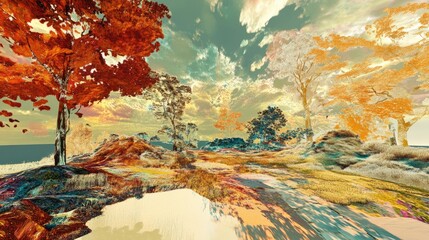 Vivid Autumn Landscape With Vibrant Trees Under Dramatic Skies