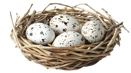 Four speckled bird eggs in a rustic twig nest  Spring  nature  new life  Easter  delicate