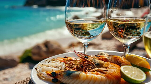 shrimp wine seafood on the beach background. selective focus