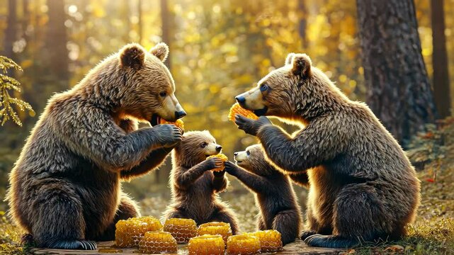 bear eats honey Selective focus