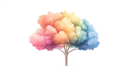 whimsical watercolor illustration of colorful tree with vibrant pink, orange, yellow, green, and blue foliage, set against white background, evoking sense of joy and creativity
