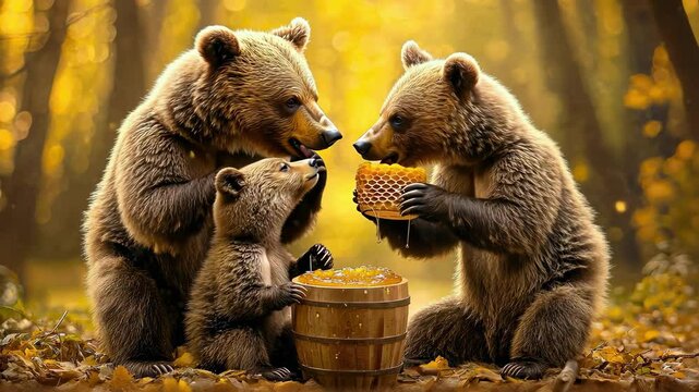 bear eats honey Selective focus