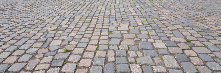 Fototapeta premium Cobblestone pavement with grass growing between stones 