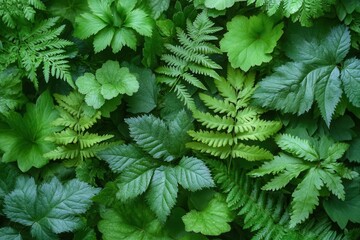 Fototapeta premium lush green foliage wall featuring various leaf types and ferns creating a vibrant and refreshing natural backdrop perfect for interior decor