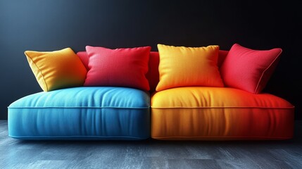 A couch with two different colored pillows, one blue and one red