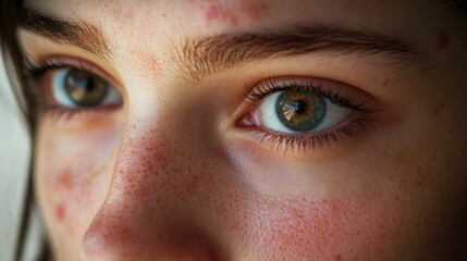 Obraz premium acne on woman face with rash skin, scar, and red skin syndrome allergic to cosmetics, use steroids, dermatology, inflammation, infection, hygiene