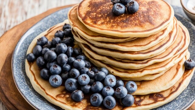 Stack of golden pancakes generously topped with fresh blueberries and syrup. Ideal for food photography, showcasing delicious breakfast ideas and culinary creativity. Inviting and delightful. - Powered by Adobe