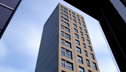 Modern high-rise building exterior, city view, architecture, urban scene