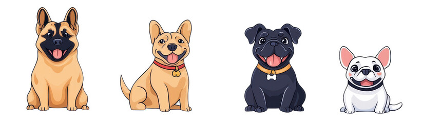 Happy Cartoon Dogs with Smiling Faces in Various Breeds and Colors