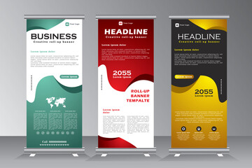 Fototapeta premium Business roll up banner design for events, annual meetings, presentations, marketing, promotions, red, blue, and yellow print ready colors