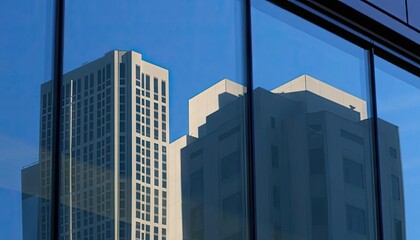 Obraz premium Skyscrapers reflected in glass facade, urban view, business district, modern architecture, possible use stock photo