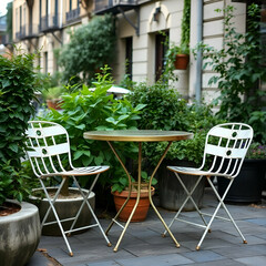 chairs and tables in the garden