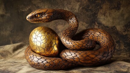 Obraz premium Wooden Serpent Coiled Around Golden Egg