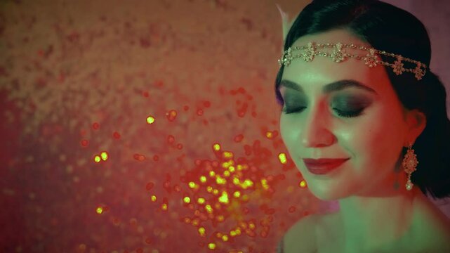 Portrait sexy flapper woman retro young elegant lady 20s vintage old style shiny headband. smiling happy face holiday festive makeup smokey eyes red brown lips. night club themed party festive room