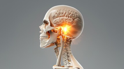 Side view of a human skull highlighting the brain and spinal cord.