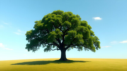 A Majestic Solitary Oak Tree with a Lush Symmetrical Canopy Standing Proudly in an Open Field Under a Clear Blue Sky