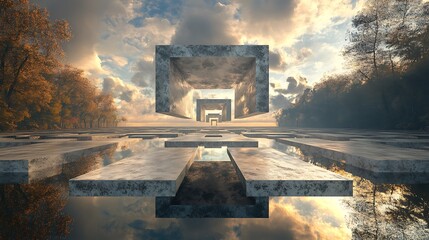 Futuristic geometric structures serene water landscape digital art