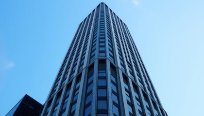 Modern skyscraper, low angle view, clear sky, urban background, architectural details, photo for use in business, design, and real estate