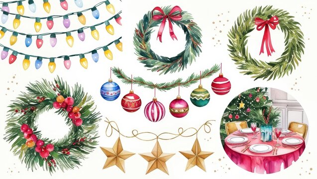 Watercolor Christmas Decorations Wreaths Ornaments Lights Festive Table Setting