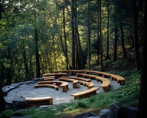 Wooden Benches in a Forest Amphitheater