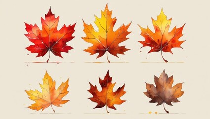 Fototapeta premium Six Watercolor Autumn Maple Leaves Fall Foliage Collection Red Orange Yellow Brown Hues