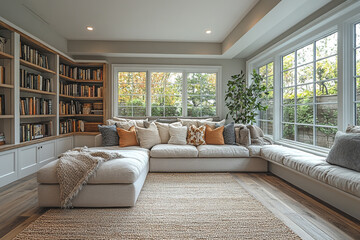 Comfortable Living Room With Built In Bookshelves And Large Windows