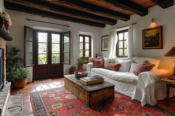Rustic Living Room With White Sofa And Wooden Beams