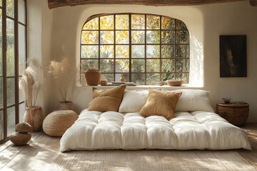 Serene Bedroom With Linen Futon And Autumnal View