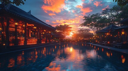 Sunset reflection over pool luxury resort serene atmosphere