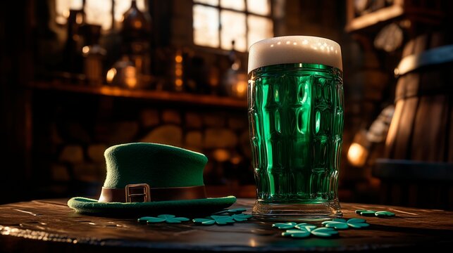 St. Patrick's Day celebration image with a pint of green beer alongside a traditional Irish hat, Irish pub advertising image, Ireland tourism advertisement photograph