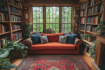 Cozy Library Reading Nook With Orange Sofa And Bookshelves