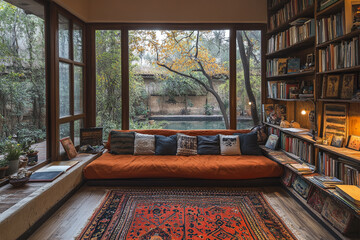 Serene Reading Nook With Garden View And Extensive Bookshelves