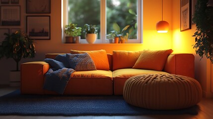 Fototapeta premium Cozy living room setup with orange sofa and warm lighting