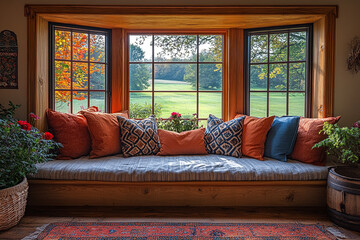 Cozy Window Seat Autumnal View Rustic Decor