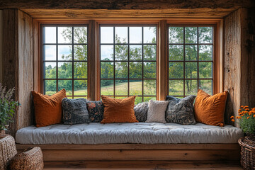 Rustic Window Seat With Colorful Pillows And Scenic View